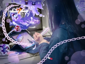 A girl drawing on an iPad with characters and graphics going out of it. She sits at a desk while neon elements and doodles surround her. She has a purple thought bubble that contains a play and pause button, music notes, and two characters.