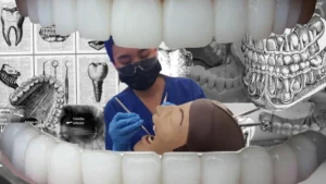 A girl practicing dentistry on a dummy, framed by a set of teeth and dental drawings.